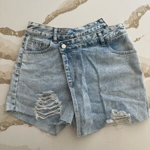 Distressed Light Blue Denim Asymmetrical Skort Shorts